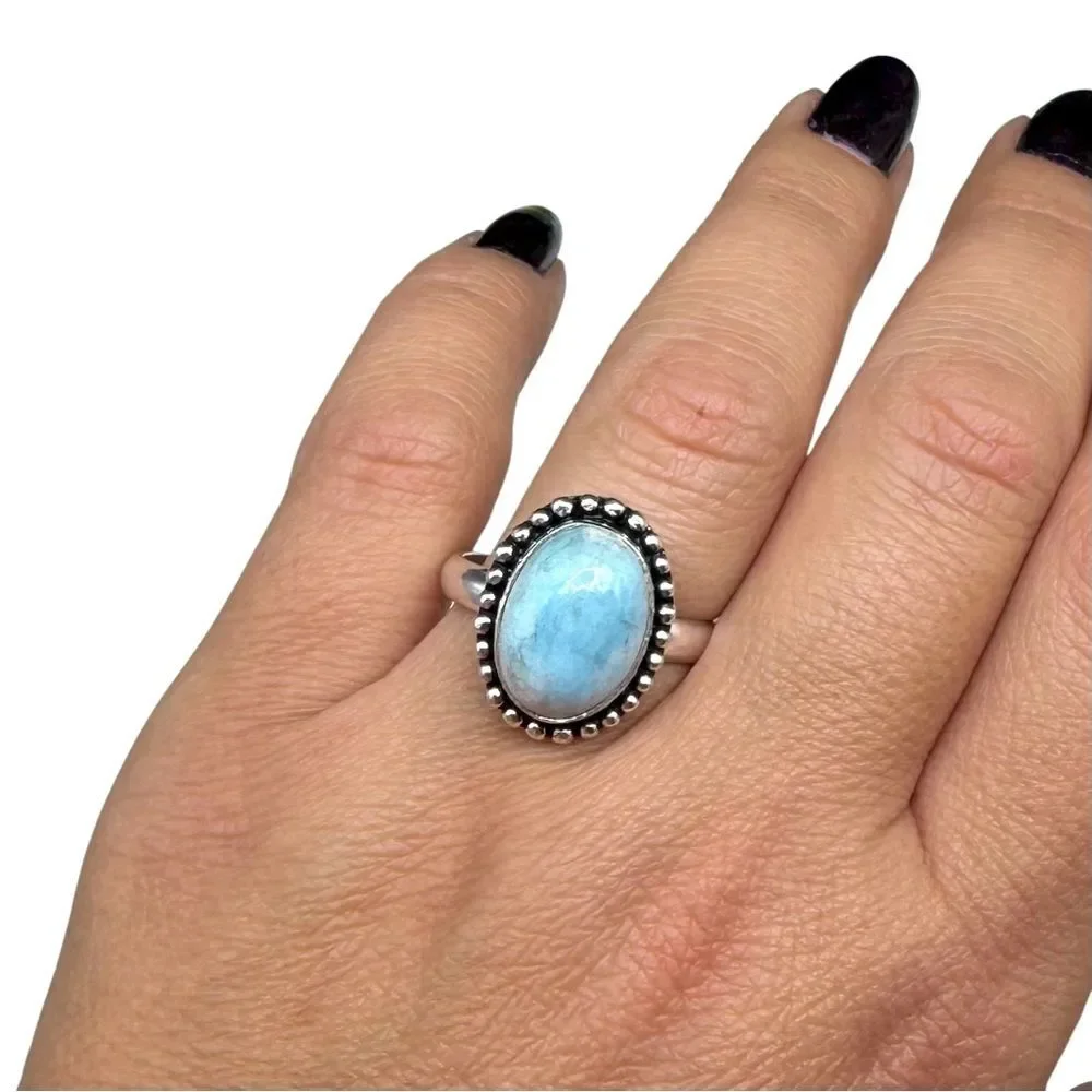 Larimar Ring Size 10 925 Sterling Silver Overlay Natural Stone Blue Oval Boho - Picture 3 of 9